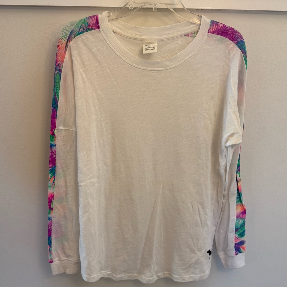 PINK Victoria's Secret White Tee with Colorful Sleeve Design
